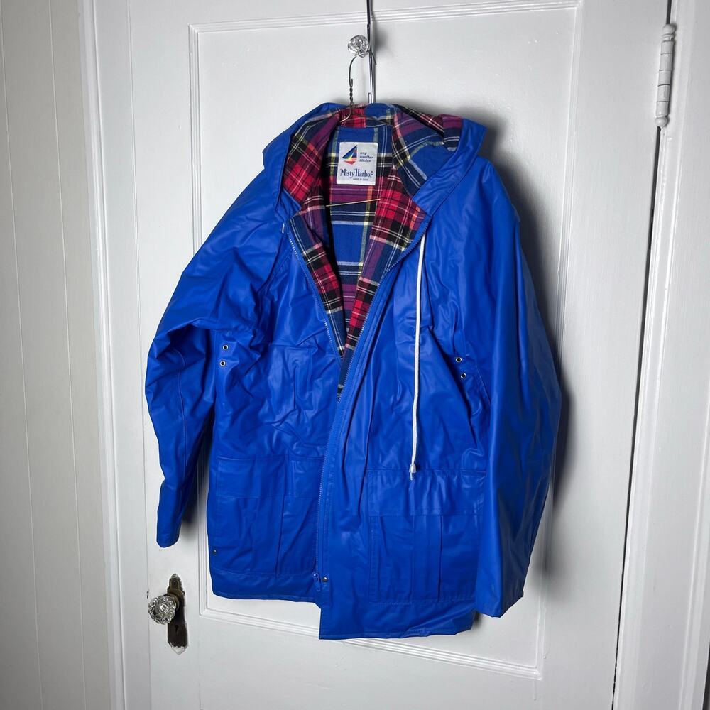 Misty Harbor M Blue Rain Slicker Jacket Tartan Plaid Lined Hooded Preppy Coastal
